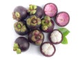 Fresh mangosteen. Whole and halves isolated on white background as package design element