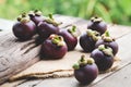 Fresh mangosteens on the dark background