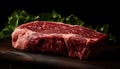 Fresh, marbled sirloin steak, grilled to perfection on a rustic wood table generated by AI