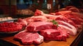 Fresh, marbled steaks arrayed on a butcher\'s block, garnished with rosemary. Meat market