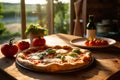 a fresh Margherita Pizza on a rustic table, with a vineyard in golden sunset light.