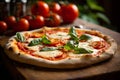 a fresh Margherita Pizza on a rustic table, with a vineyard in golden sunset light.