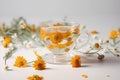 Fresh marigold flowers and cup of herbal tea on white background. Generative AI