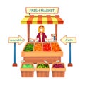 Fresh Market, Local Market, Healthy Food Concept. Female Chracter In Medical Protective Mask Selling Fresh Fruits And