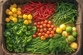 Fresh market produce tomatoes, lemon, lime, peppers in basket Royalty Free Stock Photo