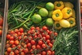 Fresh market produce tomatoes, lemon, lime, peppers in basket Royalty Free Stock Photo