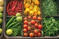 Fresh market produce tomatoes, lemon, lime, peppers in basket Royalty Free Stock Photo