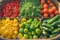 Fresh market produce tomatoes, lemon, lime, peppers in basket Royalty Free Stock Photo