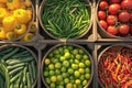 Fresh market produce tomatoes, lemon, lime, peppers in basket Royalty Free Stock Photo