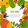 Fresh market. Vector cartoon illustration of fruits and vegetables with text space. Healthy eating template