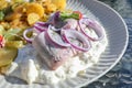 Fresh matjes or soused herring on an apple cream sauce, traditional fish dish with onions, fried potatoes and pickles in an Royalty Free Stock Photo