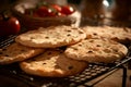 Fresh matzah, pita bread on a wooden board, red tomatoes in the background. Menu. Generated AI Royalty Free Stock Photo