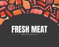 Fresh Meat Banner Template, Meat Delicatessen and Butchery Products Pattern Vector Illustration