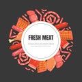 Fresh Meat Banner Template, Meat Delicatessen and Butchery Products and Space for Text Vector Illustration