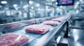 Packaged fresh meat pieces moving on an automated conveyor belt inside a modern food processing and packaging factory with blurred Royalty Free Stock Photo