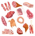 Fresh meat icon set. Clorful set of appetizing meat products. Hand-drawn illustration - Vector.