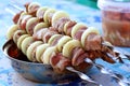 Fresh meat for kebab with onions on skewers Royalty Free Stock Photo