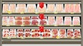 Fresh meat packed in trays on the counter of the butcher store. Frozen and chilled pork, beef and chicken. Vector