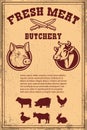 Fresh meat. Poster template with meat cut on grunge background.