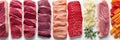 Fresh meat products collage - vertical divisions, bright white light illumination - top view