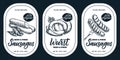 Fresh meat products package label, sticker. Vector hand drawn sketch calligraphy lettering, sausages, wurst illustration