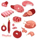 Fresh meat and sausage, salami and chicken, raw sliced pork tenderloin and cooked ham for barbeque meal and gourmet Royalty Free Stock Photo