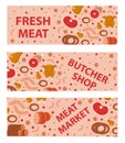 Fresh meat and sausages banner set, flat style. horizontal , board, with the inscription butcher shop, market Royalty Free Stock Photo