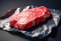 Fresh meat for steaks on a gray background. Large piece of meat close-up