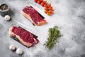 Fresh meat, vacuum-Packed marbled beef, New York strip steak, on gray stone table background, with copy space for text Royalty Free Stock Photo