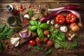 Fresh Mediterranean vegetables and oil on old wooden background