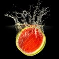 Fresh melon falling in water with splash on black background Royalty Free Stock Photo