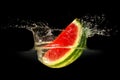 Fresh melon falling in water with splash on black background Royalty Free Stock Photo