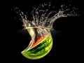 Fresh melon falling in water with splash on black background Royalty Free Stock Photo