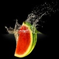Fresh melon falling in water with splash on black background Royalty Free Stock Photo