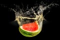 Fresh melon falling in water with splash on black background Royalty Free Stock Photo