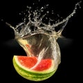 Fresh melon falling in water with splash on black Royalty Free Stock Photo