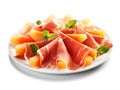 Fresh Melon and Prosciutto Plate. Italian Prosciutto with Melon Slices. Sliced Prosciutto ham with melon cantaloupe on white plate