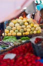 Fresh melons and watermelons on display at farmer`s market Royalty Free Stock Photo