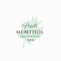 Fresh Menthol Farms Abstract Vector Sign, Symbol or Logo Template. Mint Branch Sillhouette with Retro Typography