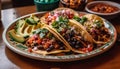 Fresh Mexican meal on rustic wood table beef taco, guacamole, salad generated by AI Royalty Free Stock Photo