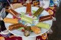 Fresh mexican salsas in plastic bag on a tray at the market Royalty Free Stock Photo