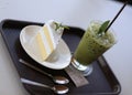 Fresh milk cake with ice green tea