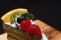 Fresh milk cakes and a variety of fruits that are beautifully decorated, look attractive