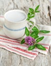 Fresh milk in ceramic mug and clover flower on old table Royalty Free Stock Photo