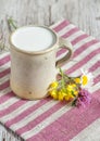 Fresh milk in ceramic mug and flowers Royalty Free Stock Photo