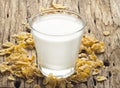 Fresh milk and cornflake on old wood background Royalty Free Stock Photo