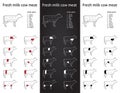 Fresh milk cow meat parts Icons for packaging and info-graphic 1