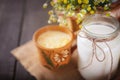 Fresh milk and curdled milk on the table. Royalty Free Stock Photo