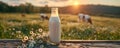 Fresh milk in glass with blurred landscape with cow on sunny spring or summer meadow Royalty Free Stock Photo