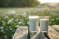 Fresh milk in glass with blurred landscape with cow on sunny spring or summer meadow Royalty Free Stock Photo